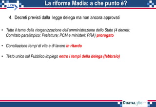 La riforma Madia: a che punto è?
4. Decreti previsti dalla legge delega ma non ancora approvati
• Tutto il tema della riorganizzazione dell’amministrazione dello Stato (4 decreti:
Comitato paralimpico; Prefetture; PCM e ministeri; PRA) prorogato
• Conciliazione tempi di vita e di lavoro in ritardo
• Testo unico sul Pubblico impiego entro i tempi della delega (febbraio)
 