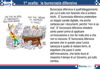 1^ scelta: la burocrazia difensiva
Burocrazia difensiva è quell'atteggiamento
per cui è solo non facendo che si evitano
rischi. E’ burocrazia difensiva pretendere
un doppio canale digitale, ma anche
cartaceo per i documenti, perché “non si sa
mai”. E’ burocrazia difensiva chiedere
cento pareri prima di applicare
un’innovazione e non far nulla sino a che
non si ricevono. E’ burocrazia difensiva
pensare che in questo caos l’unica
salvezza è quella di restare fermi, di
aspettare che passi il vento
dell’innovazione, che tanto dura al
massimo il tempo di un Governo, poi tutto
cambia.
 