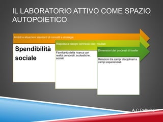 IL LABORATORIO ATTIVO COME SPAZIO
AUTOPOIETICO
Ambiti e situazioni standard di concetti e strategie
Spendibilità
sociale
Risposta a bisogni connessi con i risultati
Familiarità della ricerca con
realtà personali, scolastiche,
sociali
Dimensioni dei processi di trasfer
Relazioni tra campi disciplinari e
campi esperienziali
A.C.Pellerito
 