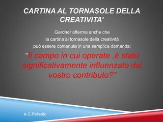 CARTINA AL TORNASOLE DELLA
CREATIVITA’
Gardner afferma anche che
la cartina al tornasole della creatività
può essere contenuta in una semplice domanda:
”Il campo in cui operate ,è stato
significativamente influenzato dal
vostro contributo?”
A.C.Pellerito
 