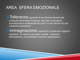 AREA SFERA EMOZIONALE
Tolleranza(capacità di non frenarsi davanti alle
ambiguità dell’indeterminatezza, alle idee contrastanti ,
riconoscendo la molteplicità dei punti di vista davanti ad una
medesima situazione)
Immaginazione(capacità di visualizzare oggetti e
situazioni , di costruire immagini mentali , intuizione
dell’esistenza, di possibilità di soluzioni significative)
 