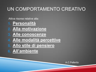 UN COMPORTAMENTO CREATIVO
Attiva risorse relative alla:
1. Personalità
2. Alla motivazione
3. Alle conoscenze
4. Alle modalità percettive
5. Allo stile di pensiero
6. All’ambiente
A.C.Pellerito
 