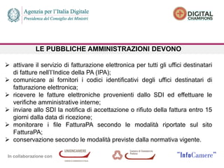In collaborazione con
LE PUBBLICHE AMMINISTRAZIONI DEVONO
 attivare il servizio di fatturazione elettronica per tutti gli uffici destinatari
di fatture nell’l’Indice della PA (IPA);
 comunicare ai fornitori i codici identificativi degli uffici destinatari di
fatturazione elettronica;
 ricevere le fatture elettroniche provenienti dallo SDI ed effettuare le
verifiche amministrative interne;
 inviare allo SDI la notifica di accettazione o rifiuto della fattura entro 15
giorni dalla data di ricezione;
 monitorare i file FatturaPA secondo le modalità riportate sul sito
FatturaPA;
 conservazione secondo le modalità previste dalla normativa vigente.
 