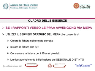 In collaborazione con
QUADRO DELLE ESIGENZE
 SE I RAPPORTI VERSO LE PPAA AVVENGONO VIA MEPA
 UTLIZZA IL SERVIZIO GRATUITO DEL MEPA che consente di
 Creare la fattura nel formato corretto
 Inviare la fattura allo SDI
 Conservare la fattura per i 10 anni previsti.
 L’unico adempimento è l’istituzione del SEZIONALE DISTINTO
 