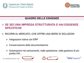 In collaborazione con
QUADRO DELLE ESIGENZE
 SE SEI UNA IMPRESA STRUTTURATA E HAI ESIGENZE
SPECIFICHE
 RICORRI AL MERCATO, CHE OFFRE UNA SERIE DI SOLUZIONI
 Integrazioni native con ERP
 Conservazione della documentazione
 Automazioni nel caricamento, nella spedizione, nella gestione di più
partite IVA…
 