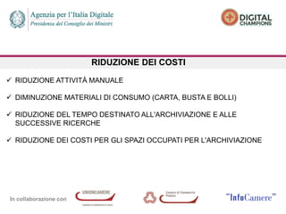 In collaborazione con
RIDUZIONE DEI COSTI
 RIDUZIONE ATTIVITÀ MANUALE
 DIMINUZIONE MATERIALI DI CONSUMO (CARTA, BUSTA E BOLLI)
 RIDUZIONE DEL TEMPO DESTINATO ALL'ARCHIVIAZIONE E ALLE
SUCCESSIVE RICERCHE
 RIDUZIONE DEI COSTI PER GLI SPAZI OCCUPATI PER L'ARCHIVIAZIONE
 