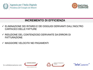 In collaborazione con
INCREMENTO DI EFFICIENZA
 ELIMINAZIONE DEI RITARDI E DEI DISGUIDI DERIVANTI DALL'INOLTRO
CARTACEO DELLE FATTURE
 RIDUZIONE DEL CONTENZIOSO DERIVANTE DA ERRORI DI
FATTURAZIONE
 MAGGIORE VELOCITA’ NEI PAGAMENTI
 
