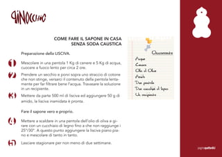 COME FARE IL SAPONE IN CASA
                             SENZA SODA CAUSTICA

    Preparazione della LISCIVA.                                             Occorrente

1
                                                                  Acqua
    Mescolare in una pentola 1 Kg di cenere e 5 Kg di acqua,      Cenere
    cuocere a fuoco lento per circa 2 ore.

2
                                                                  Olio di Oliva
    Prendere un secchio e porvi sopra uno straccio di cotone
    che non stinge, versarci il contenuto della pentola lenta-
                                                                  Amido
    mente per far filtrare bene l’acqua. Travasare la soluzione   Due pentole
    in un recipiente.                                             Due cucchiai di legno
3   Mettere da parte 500 ml di lisciva ed aggiungere 50 g di
    amido, la lisciva inamidata è pronta.
                                                                  Un recipiente

    Fare il sapone vero e proprio.


4   Mettere a scaldare in una pentola dell’olio di oliva e gi-
    rare con un cucchiaio di legno fino a che non raggiunge i
    25°/30°. A questo punto aggiungere la lisciva piano pia-
    no e mescolare di tanto in tanto.

5   Lasciare stagionare per non meno di due settimane.
                                                                                          paginaquattordici
 