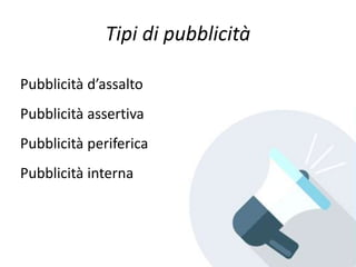 Tipi di pubblicità
Pubblicità d’assalto
Pubblicità assertiva
Pubblicità periferica
Pubblicità interna
 