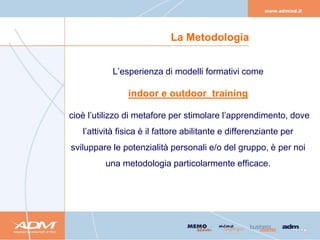 La Metodologia


           L’esperienza di modelli formativi come

                indoor e outdoor training

cioè l’utilizzo di metafore per stimolare l’apprendimento, dove
   l’attività fisica è il fattore abilitante e differenziante per
sviluppare le potenzialità personali e/o del gruppo, è per noi
         una metodologia particolarmente efficace.
 