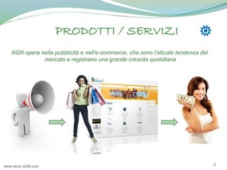 PRODOTTI / SERVIZI
AGN opera nella pubblicità e nell'e-commerce, che sono l'attuale tendenza del
mercato e registrano una grande crescita quotidiana

www.store.obit8.com

3

 