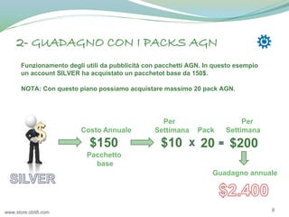 2- GUADAGNO CON I PACKS AGN
Funzionamento degli utili da pubblicità con pacchetti AGN. In questo esempio
un account SILVER ha acquistato un pacchetot base da 150$.
NOTA: Con questo piano possiamo acquistare massimo 20 pack AGN.

Costo Annuale

$150

Per
Settimana

Pack

Per
Settimana

$10

20

$200

Pacchetto
base
Guadagno annuale

www.store.obit8.com

8

 