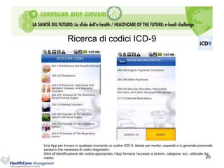 Ricerca di codici ICD-9




Una App per trovare in qualsiasi momento un codice ICD-9. Ideata per medici, ospedali e in generale personale
sanitario che necessita di codici diagnostici.
Oltre all’identificazione del codice appropriato, l’App fornisce l’accesso a sintomi, categorie, ecc. utilizzate dai
medici                                                                                                            25
 