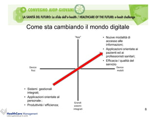 Come sta cambiando il mondo digitale
                                “App”      • Nuove modalità di
                                             accesso alle
                                             informazioni;
                                           • Applicazioni orientate ai
                                             pazienti ed ai
                                             professionisti sanitari;
                                           • Efficacia / qualità del
                                             servizio
    Device                                           Device
     fissi                                           mobili




• Sistemi gestionali
  integrati;
• Applicazioni orientate al
  personale ;
                                Grandi
• Produttività / efficienza;    sistemi
                               integrati                                 8
 