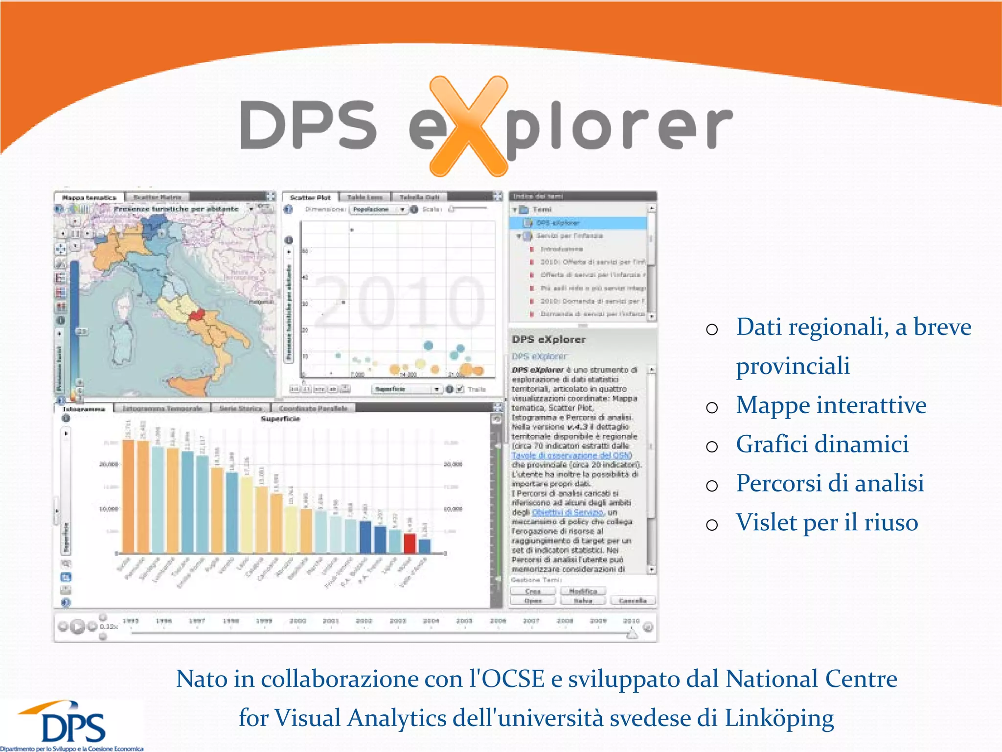 o Dati regionali, a breve
provinciali
o Mappe interattive
o Grafici dinamici
o Percorsi di analisi
o Vislet per il riuso
Nato in collaborazione con l'OCSE e sviluppato dal National Centre
for Visual Analytics dell'università svedese di Linköping
 