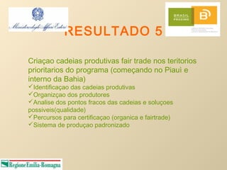 RESULTADO 5

Criaçao cadeias produtivas fair trade nos teritorios
prioritarios do programa (começando no Piauì e
interno da Bahia)
Identificaçao das cadeias produtivas
Organizçao dos produtores
Analise dos pontos fracos das cadeias e soluçoes
possiveis(qualidade)
Percursos para certificaçao (organica e fairtrade)
Sistema de produçao padronizado
 