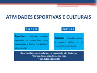 ATIVIDADES ESPORTIVAS E CULTURAIS

              ESPORTE                           C U LT U R A

   Esportivas – Estimular a prática
                                        Culturais – Estimular o jovem
   desportiva no tempo livre e dar
                                        a   produzir   cultura      e   se
   opotunidade a jovens “medalhistas”
                                        reconhecer no território.
   em potencial.

        Oportunidades de mudanças na juventude são decisivas:
                 Comportamentos de menor risco
                       Condutas adquiridas
 