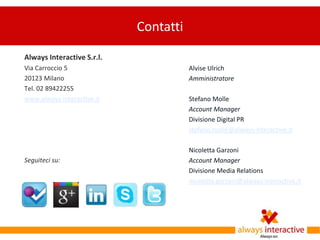 Contatti

Always Interactive S.r.l.
Via Carroccio 5                        Alvise Ulrich
20123 Milano                           Amministratore
Tel. 02 89422255
www.always-interactive.it              Stefano Molle
                                       Account Manager
                                       Divisione Digital PR
                                       stefano.molle@always-interactive.it

                                       Nicoletta Garzoni
Seguiteci su:                          Account Manager
                                       Divisione Media Relations
                                       nicoletta.garzoni@always-interactive.it
 