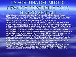 LA FORTUNA DEL MITO DILA FORTUNA DEL MITO DI
PIRAMO E TISBE NELLE FONTIPIRAMO E TISBE NELLE FONTI
RINASCIMENTALIRINASCIMENTALI sigla di riferimentoriferimento bibliograficoTisfr01Raffaello Regio,sigla di riferimentoriferimento bibliograficoTisfr01Raffaello Regio,
Metamorphoseon Pub. Ovidii Nasonis libri XV, IV, 3Tisfr02Niccolò degliMetamorphoseon Pub. Ovidii Nasonis libri XV, IV, 3Tisfr02Niccolò degli
Agostini, Tutti li libri de Ovidio Metamorphoseos tradutti dal litteral inAgostini, Tutti li libri de Ovidio Metamorphoseos tradutti dal litteral in
verso vulgar con le sue allegorie in prosa, IV, fol. 34, 35,verso vulgar con le sue allegorie in prosa, IV, fol. 34, 35,
36Tisfr03Lodovico Dolce, Le Trasformazioni, canto VIIITisfr04Vincenzo36Tisfr03Lodovico Dolce, Le Trasformazioni, canto VIIITisfr04Vincenzo
Cartari, Imagini degli dei degli antichi, cap.Cartari, Imagini degli dei degli antichi, cap. XIVTisfr05La MétamorphoseXIVTisfr05La Métamorphose
d’Ovide figuréed’Ovide figuréeTisfr06Gabriele Simeoni, Metamorfoseo d’Ovidio figuratoTisfr06Gabriele Simeoni, Metamorfoseo d’Ovidio figurato
& abbreviato in forma d’Epigrammi, IV, f. 62, 63Tisfr07Giovanni Andrea& abbreviato in forma d’Epigrammi, IV, f. 62, 63Tisfr07Giovanni Andrea
dell’Anguillara, Le Metamorfosi di Ovidio ridotte da Giovanni Andreadell’Anguillara, Le Metamorfosi di Ovidio ridotte da Giovanni Andrea
dell’Anguillara in ottava rima, IVTisfr08Giuseppe Orologgi, Annotazioni adell’Anguillara in ottava rima, IVTisfr08Giuseppe Orologgi, Annotazioni a
Le Metamorfosi di Ovidio ridotte da Giovanni Andrea dell’Anguillara inLe Metamorfosi di Ovidio ridotte da Giovanni Andrea dell’Anguillara in
ottava rima, IVTisfr09Johannes Spreng, Metamorphoses Ovidii,ottava rima, IVTisfr09Johannes Spreng, Metamorphoses Ovidii,
Argumentis quidem soluta oratione, Enarrationibus autem & AllegorijisArgumentis quidem soluta oratione, Enarrationibus autem & Allegorijis
Elegiaco Versu accuratissime expositae, IV, 47Tisfr10Elegiaco Versu accuratissime expositae, IV, 47Tisfr10Johan. PosthiiJohan. Posthii
Gemershemii, Tetrasticha in Ovidii Metam.lib.XV Quibus accesseruntGemershemii, Tetrasticha in Ovidii Metam.lib.XV Quibus accesserunt
Vergilij Solis figurae elegantiss. Et iam primum in lucemVergilij Solis figurae elegantiss. Et iam primum in lucem
editaeTisfr11editaeTisfr11William Shakespeare, Sogno di una notte di mezza estate,William Shakespeare, Sogno di una notte di mezza estate,
atto V, scena 1atto V, scena 1Tisfr12Luis Gòngora y Argote, La Fabula de Piramo yTisfr12Luis Gòngora y Argote, La Fabula de Piramo y
TisbeTisfr13Isaac de Benserade, Metamorphoses en Rondeaux, G.2TisbeTisfr13Isaac de Benserade, Metamorphoses en Rondeaux, G.2
 