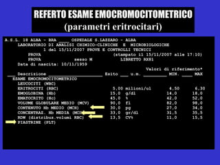 A.S.L. 18 ALBA - BRA ____ OSPEDALE S.LAZZARO - ALBA  LABORATORIO DI ANALISI CHIMICO-CLINICHE  E  MICROBIOLOGICHE  1 del 15/11/2007 PROVE E CONTROLLI TECNICI  PROVA  (stampato il 15/11/2007 alle 17:10)  PROVA  sesso M  LIBRETTO RX81  Data di nascita: 10/11/1959  Valori di riferimento*  ___ Descrizione _____________________ Esito ___ u.m. _________ MIN. ____ MAX  ESAME EMOCROMOCITOMETRICO  LEUCOCITI (WBC)  ERITROCITI (RBC)  5,00 milioni/ul  4,50  6,30  EMOGLOBINA (Hb)  15,0  g/dl  14,0  18,0  EMATOCRITO (Hc)  45,0  %  42,0  52,0  VOLUME GLOBULARE MEDIO (MCV)  90,0  fl  82,0  98,0  CONTENUTO Hb MEDIO (MCH)  30,0  pg  27,0  34,0  CONCENTRAZ. Hb MEDIA (MCHC)  33,0  gr/dl  31,5  35,5  RDW (distribuz.volumi RBC)  13,5  CV%  11,0  15,5  PIASTRINE (PLT)  REFERTO ESAME EMOCROMOCITOMETRICO (parametri eritrocitari) 