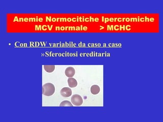Con RDW variabile da caso a caso Sferocitosi ereditaria Anemie Normocitiche Ipercromiche MCV normale  > MCHC 