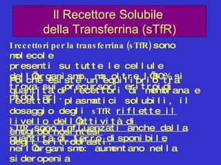 Il Recettore Solubile  della Transferrina (sTfR) I recettori per la transferrina (sTfR)  sono molecole  presenti su tutte le cellule dell’organismo, ma oltre l’80% si trova sui precursori eritroidi midollari. Poiché esiste un equilibrio tra quantità di recettori di membrana e recettori plasmatici solubili, il dosaggio degli  sTfR   riflette il livello dell’attività di emoglobinosintesi   degli eritroblasti. sTfR   sono influenzati anche dalla quantità di ferro disponibile  nell’organismo: aumentano nella sideropenia  e si riducono in caso di sovraccarico marziale. 