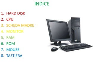 1. HARD DISK
2. CPU
3. SCHEDA MADRE
4. MONITOR
5. RAM
6. ROM
7. MOUSE
8. TASTIERA
INDICE
 