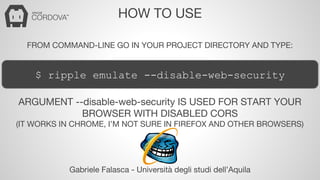 HOW TO USE 
FROM COMMAND-LINE GO IN YOUR PROJECT DIRECTORY AND TYPE: 
$ ripple emulate --disable-web-security 
ARGUMENT --disable-web-security IS USED FOR START YOUR 
BROWSER WITH DISABLED CORS 
(IT WORKS IN CHROME, I’M NOT SURE IN FIREFOX AND OTHER BROWSERS) 
Gabriele Falasca - Università degli studi dell’Aquila 
 