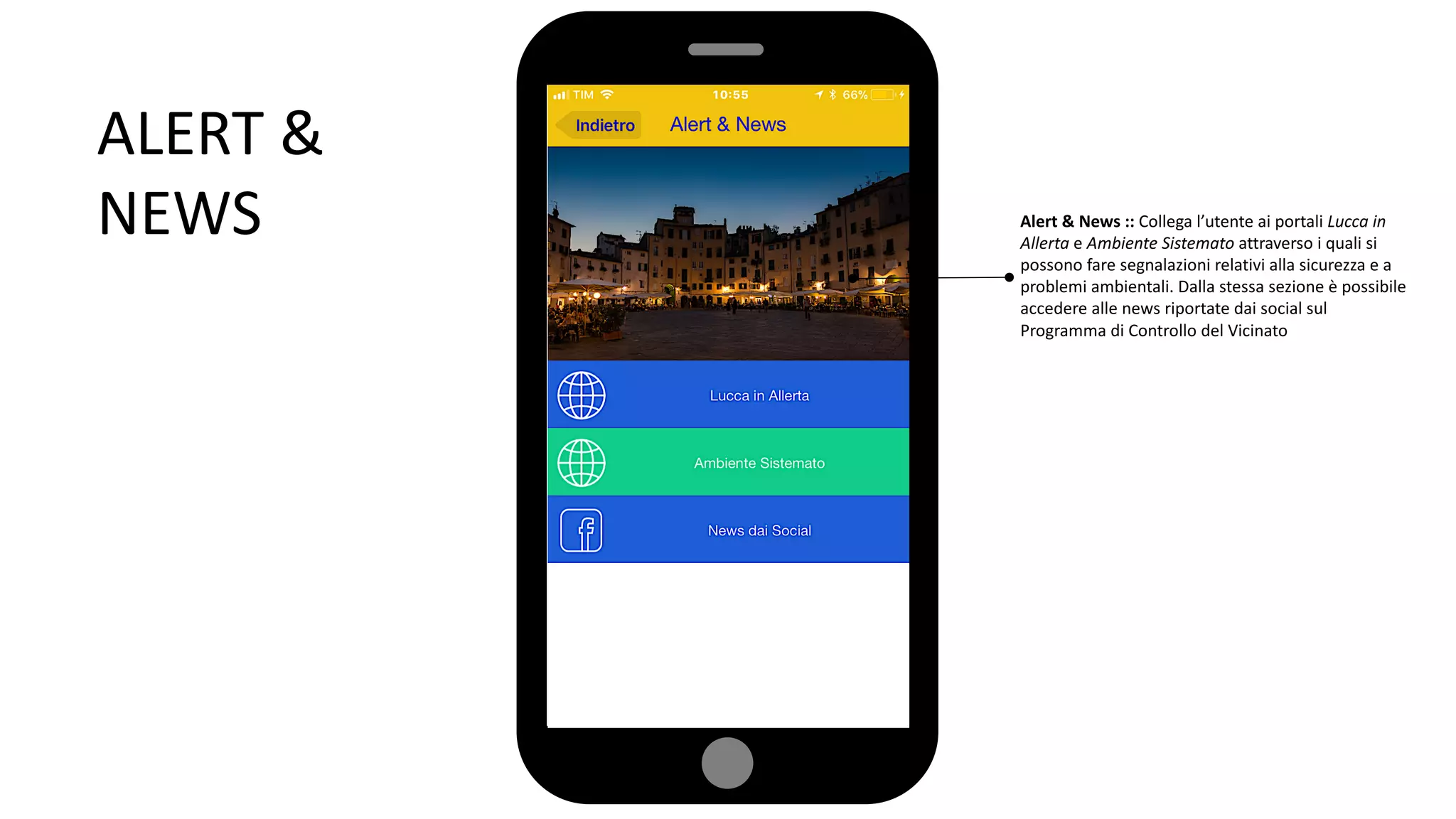 ALERT &
NEWS Alert & News :: Collega l’utente ai portali Lucca in
Allerta e Ambiente Sistemato attraverso i quali si
possono fare segnalazioni relativi alla sicurezza e a
problemi ambientali. Dalla stessa sezione è possibile
accedere alle news riportate dai social sul
Programma di Controllo del Vicinato
 