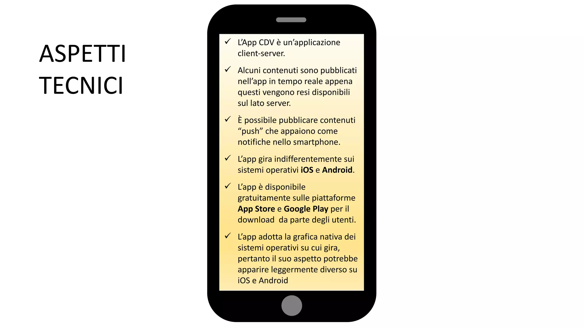 ASPETTI
TECNICI
ü L’App CDV è un’applicazione
client-server.
ü Alcuni contenuti sono pubblicati
nell’app in tempo reale appena
questi vengono resi disponibili
sul lato server.
ü È possibile pubblicare contenuti
“push” che appaiono come
notifiche nello smartphone.
ü L’app gira indifferentemente sui
sistemi operativi iOS e Android.
ü L’app è disponibile
gratuitamente sulle piattaforme
App Store e Google Play per il
download da parte degli utenti.
ü L’app adotta la grafica nativa dei
sistemi operativi su cui gira,
pertanto il suo aspetto potrebbe
apparire leggermente diverso su
iOS e Android
 