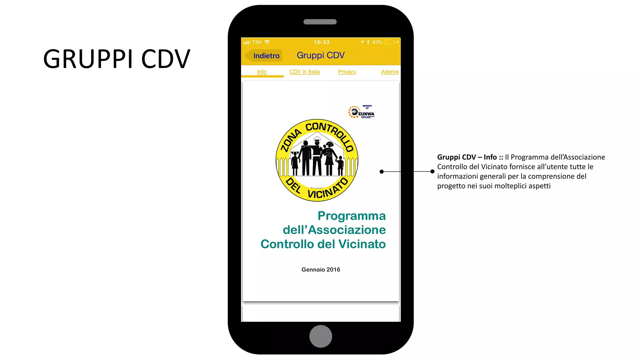 GRUPPI CDV
Gruppi CDV – Info :: Il Programma dell’Associazione
Controllo del Vicinato fornisce all’utente tutte le
informazioni generali per la comprensione del
progetto nei suoi molteplici aspetti
 