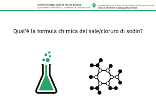 Qual’è la formula chimica del sale/cloruro di sodio?
Laurea Magistrale in Teoria e Tecnologia della Comunicazione
Corso di Strumenti e Applicazioni del Web
Università degli Studi di Milano Bicocca
Dipartimento di Informatica, Sistematica e Comunicazione
 