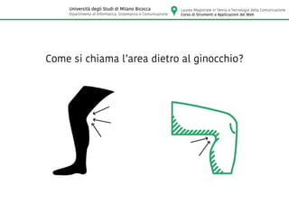 Come si chiama l’area dietro al ginocchio?
Laurea Magistrale in Teoria e Tecnologia della Comunicazione
Corso di Strumenti e Applicazioni del Web
Università degli Studi di Milano Bicocca
Dipartimento di Informatica, Sistematica e Comunicazione
 
