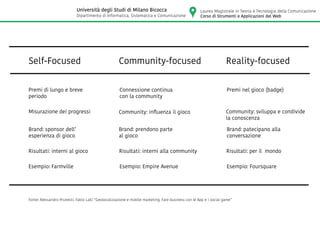 Community-focused Reality-focusedSelf-Focused
Premi di lungo e breve
periodo
Misurazione dei progressi
Brand: sponsor dell’
esperienza di gioco
Risultati: interni al gioco
Esempio: Farmville
Connessione continua
con la community
Community: influenza il gioco
Brand: prendono parte
al gioco
Risultati: interni alla community
Esempio: Empire Avenue
Premi nel gioco (badge)
Community: sviluppa e condivide
la conoscenza
Brand: patecipano alla
conversazione
Risultati: per il mondo
Esempio: Foursquare
Fonte: Alessandro Prunesti, Fabio Lalli “Geolocalizzazione e mobile marketing. Fare business con le App e i social game”
Laurea Magistrale in Teoria e Tecnologia della Comunicazione
Corso di Strumenti e Applicazioni del Web
Università degli Studi di Milano Bicocca
Dipartimento di Informatica, Sistematica e Comunicazione
 