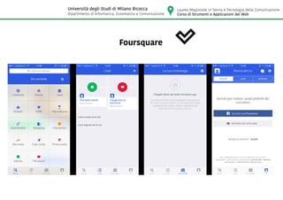 Foursquare
Laurea Magistrale in Teoria e Tecnologia della Comunicazione
Corso di Strumenti e Applicazioni del Web
Università degli Studi di Milano Bicocca
Dipartimento di Informatica, Sistematica e Comunicazione
 