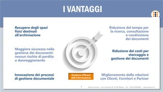 Indicom Group – Via Carnevali 39, 20158 Milano - Tel. +39 0233002805 - www.indicom.it
I VANTAGGI
Recupero degli spazi
fisici destinati
all’archiviazione
Riduzione del tempo per
la ricerca, consultazione
e condivisione
dei documenti
Maggiore sicurezza nella
gestione dei documenti:
nessun rischio di perdita
o danneggiamento
Gestione efficace
dell’informazione
Riduzione dei costi per
stoccaggio e
gestione dei documenti
Innovazione dei processi
di gestione documentale
Miglioramento delle relazioni
con Clienti, Fornitori e Partner
8
 