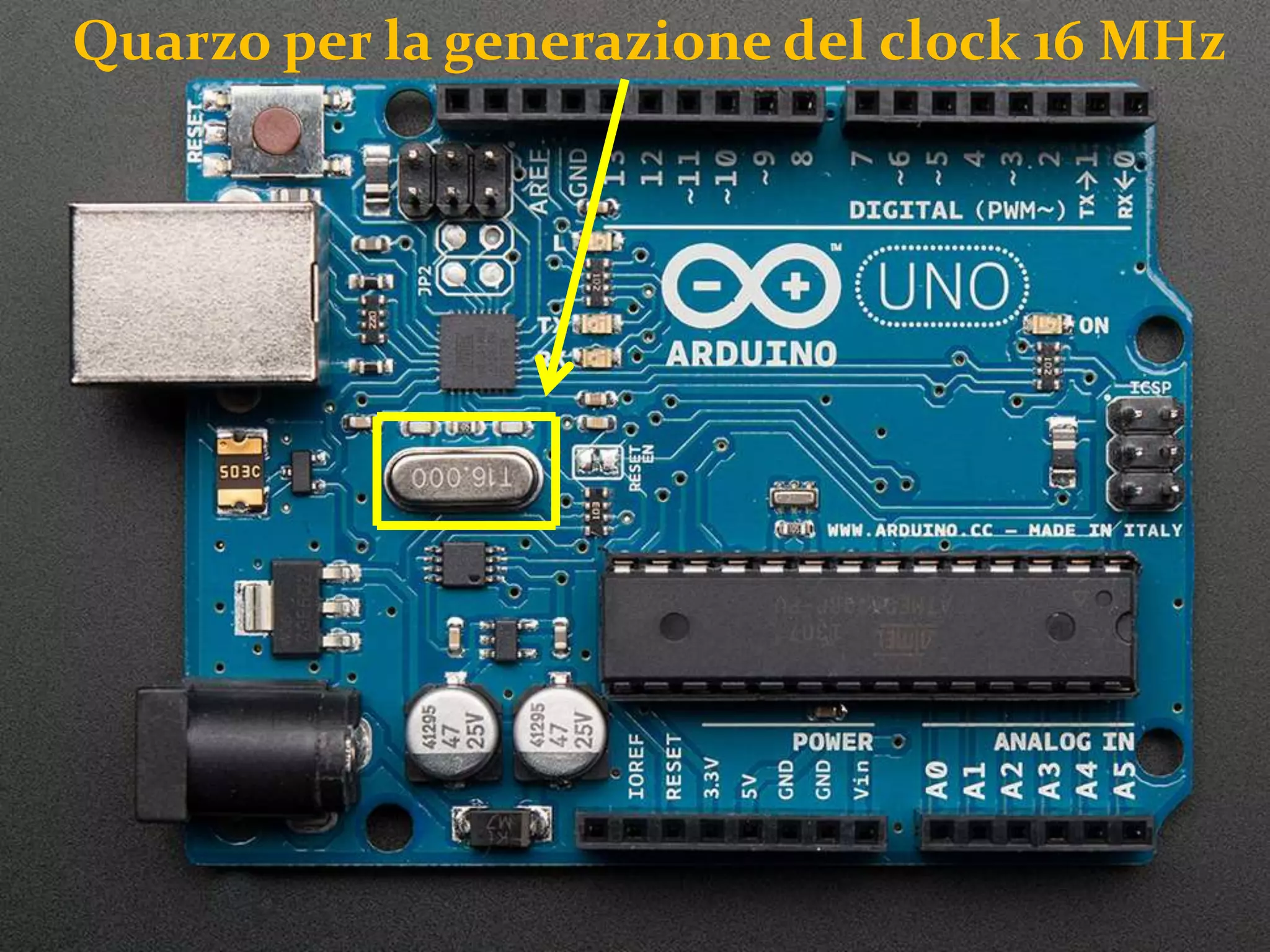 Quarzo per la generazione del clock 16 MHz
 