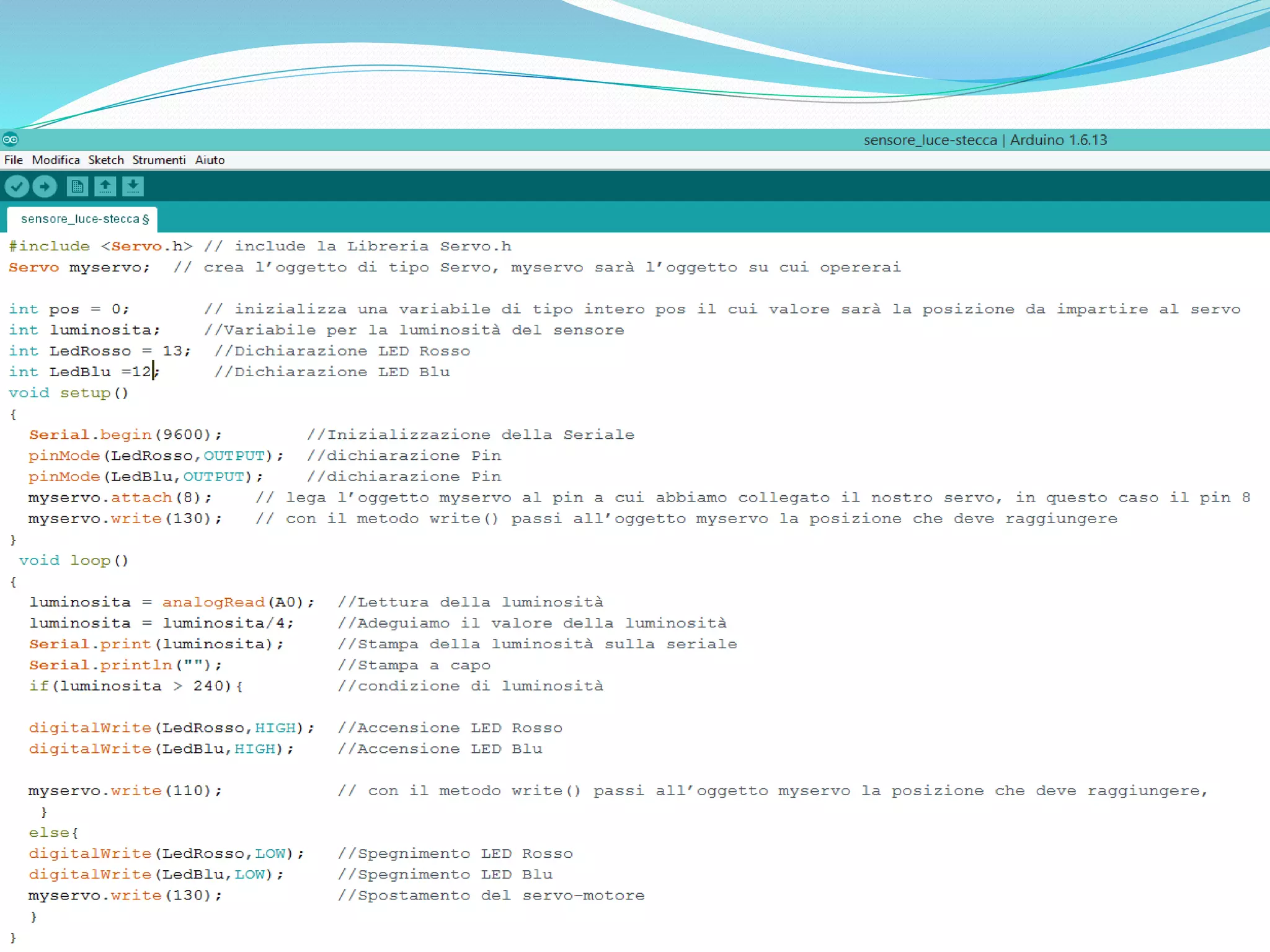 Servo-Motore e Fotoresistore
Questo Progetto mediante un Fotoresistore,se c’è Luce Spegne i LED e
muove il servo-Motore su Luce.
Invece se non c’è Luce Accende i LED,e muove il servo-Motore su Buio.
 
