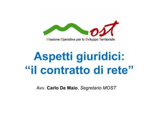Aspetti giuridici:
“il contratto di rete”
  Avv. Carlo De Maio, Segretario MOST
 