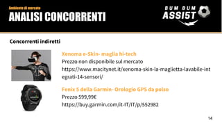 Concorrenti indiretti
Xenoma e-Skin- maglia hi-tech
Prezzo non disponibile sul mercato
https://www.macitynet.it/xenoma-skin-la-maglietta-lavabile-int
egrati-14-sensori/
Fenix 5 della Garmin- Orologio GPS da polso
Prezzo 599,99€
https://buy.garmin.com/it-IT/IT/p/552982
Ambiente di mercato
ANALISI CONCORRENTI
14
 