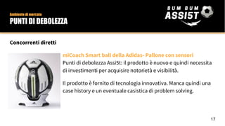 Concorrenti diretti
miCoach Smart ball della Adidas- Pallone con sensori
Punti di debolezza Assi5t: il prodotto è nuovo e quindi necessita
di investimenti per acquisire notorietà e visibilità.
Il prodotto è fornito di tecnologia innovativa. Manca quindi una
case history e un eventuale casistica di problem solving.
Ambiente di mercato
PUNTI DI DEBOLEZZA
17
 