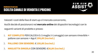 Valutati i costi della fase di start-up e il mercato concorrente,
Assi5t decide di posizionarsi nel mercato online dei dispositivi tecnologici con le
seguenti varianti di prodotto e prezzo:
1. KIT COMPLETO PER CALCIO A 5: 5 maglie (+1 omaggio) con sensore rimovibile +
pallone con sensore + App € 299,00 (iva incl.)
2. PALLONE CON SENSORE: € 150,00 (iva incl.)
3. MAGLIETTA SINGOLA CON SENSORE: €30,00 (iva incl.)
Ambiente di mercato
SCELTA CANALE DI VENDITA E PRICING
20
 