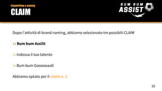 Dopo l’attività di brand naming, abbiamo selezionato tre possibili CLAIM
1- Bum bum Assi5t
2- Indossa il tuo talento
3- Bum bum Goooooaall
Abbiamo optato per il claim n. 1
CLAIM
Copywriting & naming
CLAIM
22
 