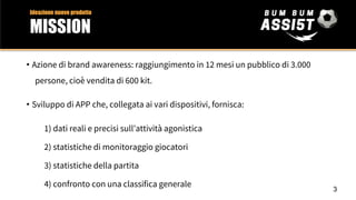 • Azione di brand awareness: raggiungimento in 12 mesi un pubblico di 3.000
persone, cioè vendita di 600 kit.
• Sviluppo di APP che, collegata ai vari dispositivi, fornisca:
1) dati reali e precisi sull’attività agonistica
2) statistiche di monitoraggio giocatori
3) statistiche della partita
4) confronto con una classifica generale
Ideazione nuovo prodotto
MISSION
3
 