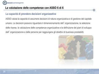 La capacità di prendere decisioni organizzative
ASSO valuta la capacità di assumere decisioni di natura organizzativa e di...