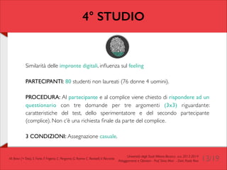 4° STUDIO

Similarità delle impronte digitali, inﬂuenza sul feeling	

!
PARTECIPANTI: 80 studenti non laureati (76 donne 4 uomini).	

!
PROCEDURA: Al partecipante e al complice viene chiesto di rispondere ad un
questionario con tre domande per tre argomenti (3x3) riguardante:
caratteristiche del test, dello sperimentatore e del secondo partecipante
(complice). Non c’è una richiesta ﬁnale da parte del complice.	

!
3 CONDIZIONI: Assegnazione casuale.

M. Bravi (+ Tato), S. Forte, F. Frigerio, C. Pergamo, G. Ranno, C. Redaelli, V. Riccardo

Università degli Studi Milano-Bicocca a.a. 2013-2014 	

Atteggiamenti e Opinioni - Prof. Silvia Mari - Dott. Paolo Riva

13/19

 