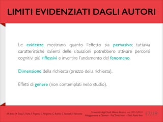 LIMITI EVIDENZIATI DAGLI AUTORI

Le evidenze mostrano quanto l’effetto sia pervasivo; tuttavia
caratteristiche salienti delle situazioni potrebbero attivare percorsi
cognitivi più riﬂessivi e invertire l’andamento del fenomeno. 	

!

Dimensione della richiesta (prezzo della richiesta).	

!

Effetti di genere (non contemplati nello studio).

M. Bravi (+ Tato), S. Forte, F. Frigerio, C. Pergamo, G. Ranno, C. Redaelli, V. Riccardo

Università degli Studi Milano-Bicocca a.a. 2013-2014 	

Atteggiamenti e Opinioni - Prof. Silvia Mari - Dott. Paolo Riva

17/19

 