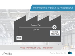 The Problem : IP DECT vs Analog DECT 
Autumn Convention 2014 
PBX 
Copper Pair 
! 
200 mt 
Analog 
DECT Cell 
Wide Warehouse DECT Installation 
 