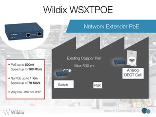 Wildix WSXTPOE 
Network Extender PoE 
Autumn Convention 2014 
PBX 
Existing Copper Pair 
Switch PBX 
WAAInRa-BloAgS E 
DECT Cell 
• PoE up to 500mt 
Speed up to 100 Mb/s 
! 
• No PoE up to 1 Km 
Speed up to 70 Mb/s 
! 
• Very low Jitter for VoIP 
Max 500 mt 
 
