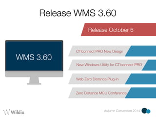 Release WMS 3.60 
Release October 6 
WMS 3.60 CTIconnect PRO New Design 
New Windows Utility for CTIconnect PRO 
Web Zero Distance Plug-in 
Zero Distance MCU Conference 
Autumn Convention 2014 
 